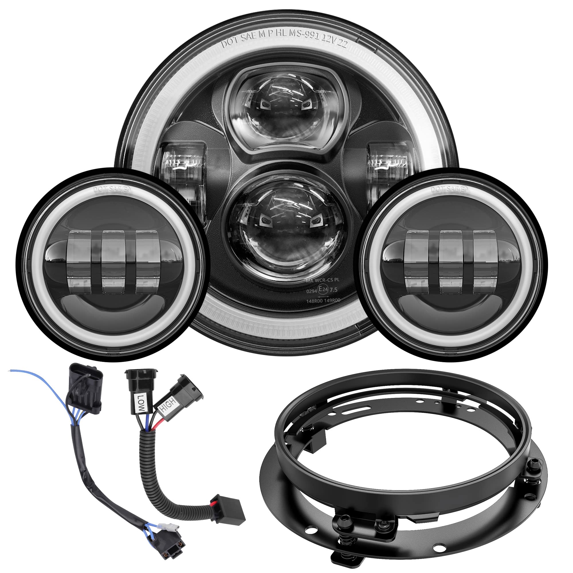 XPCTD 7 Inch Motorcycle LED Headlight 4.5'' Fog Passing Lamps DOT Kit Compatible with Harley Davidson Street Glide Road King Ele